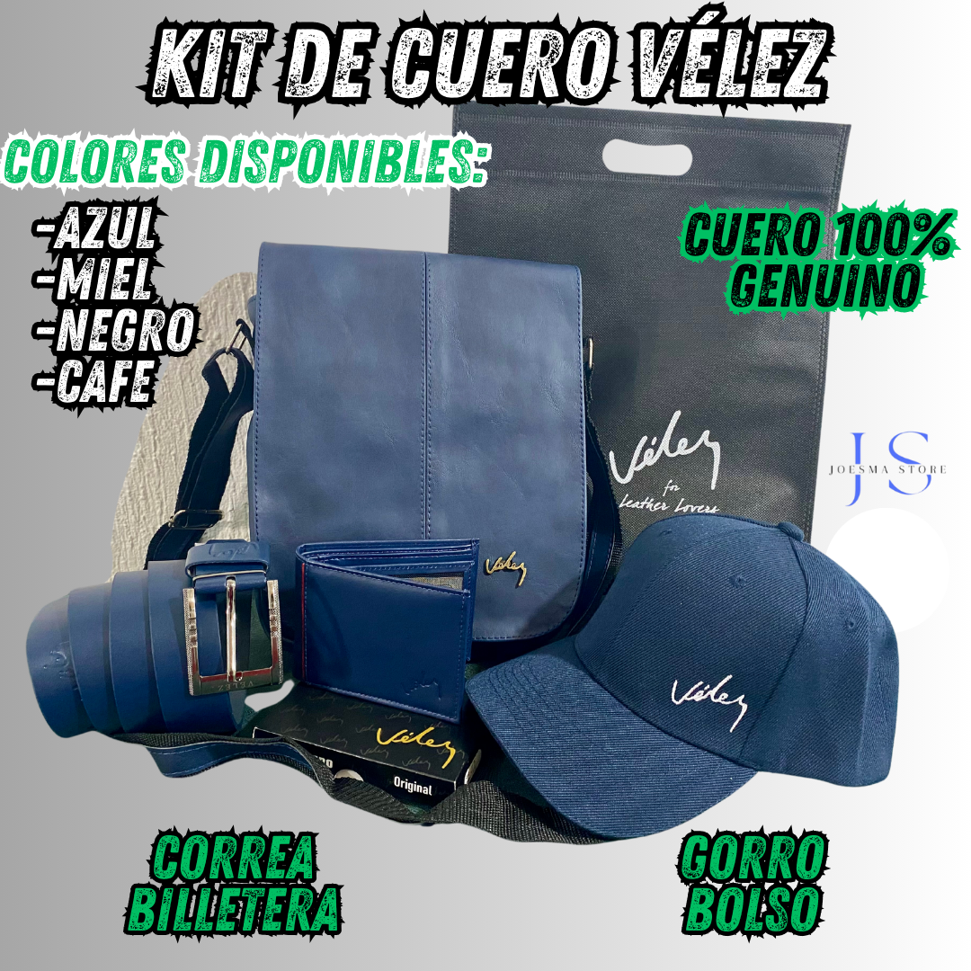 KIT DE VÉLEZ, CUERO GENUINO PARA HOMBRE® CORREA + BILLETERA + GORRA + BOLSO