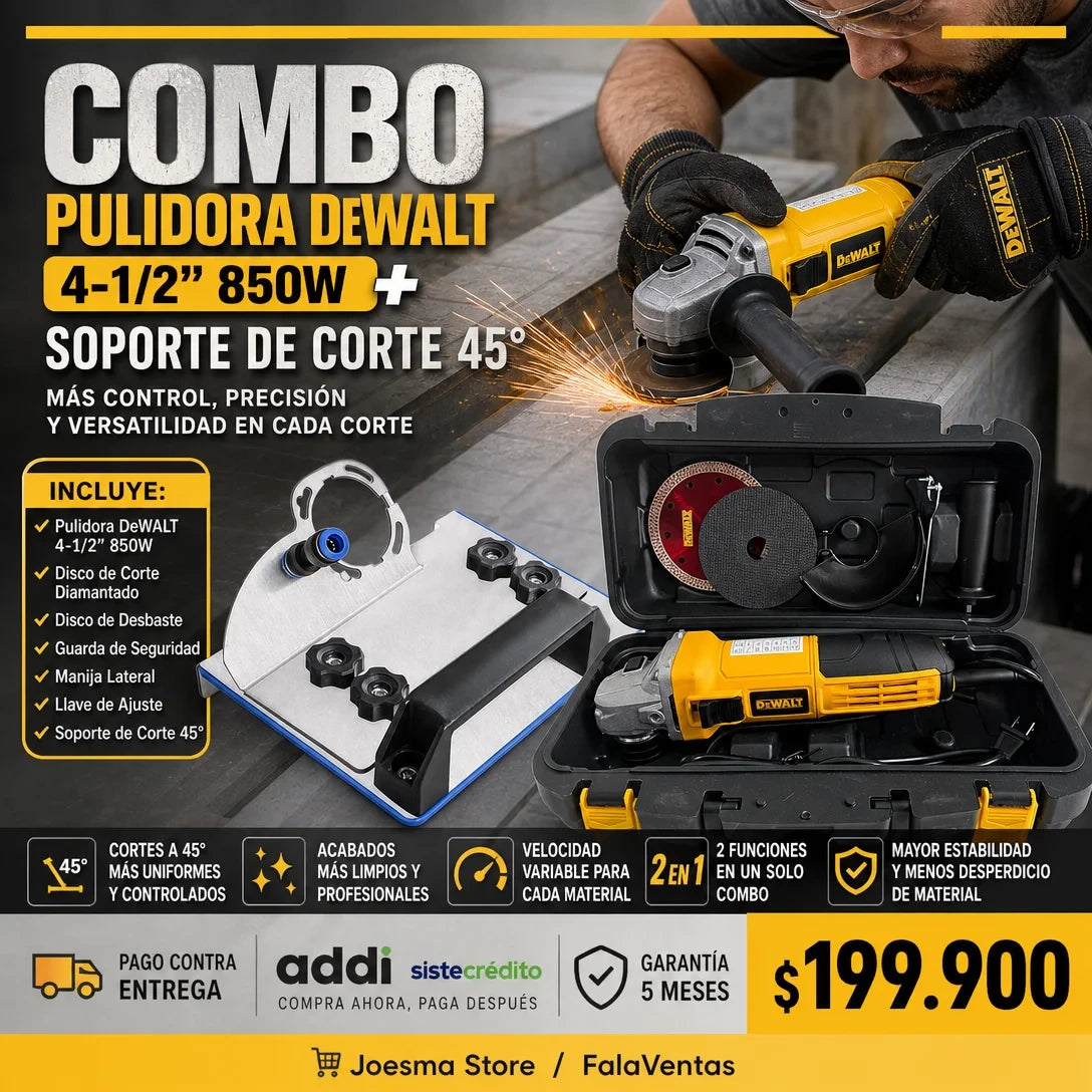 Pulidora DeWALT 4-1/2” + Soporte de Corte 45° + 2 Discos