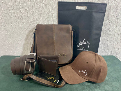 KIT DE VÉLEZ, CUERO GENUINO PARA HOMBRE® CORREA + BILLETERA + GORRA + BOLSO