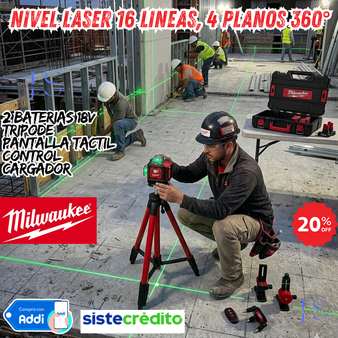 Nivel Láser 16 Líneas Táctil – MILWAUKEE | 4 planos 360° | Autonivelante🎚️