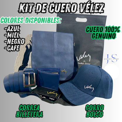 KIT DE VÉLEZ, CUERO GENUINO PARA HOMBRE® CORREA + BILLETERA + GORRA + BOLSO