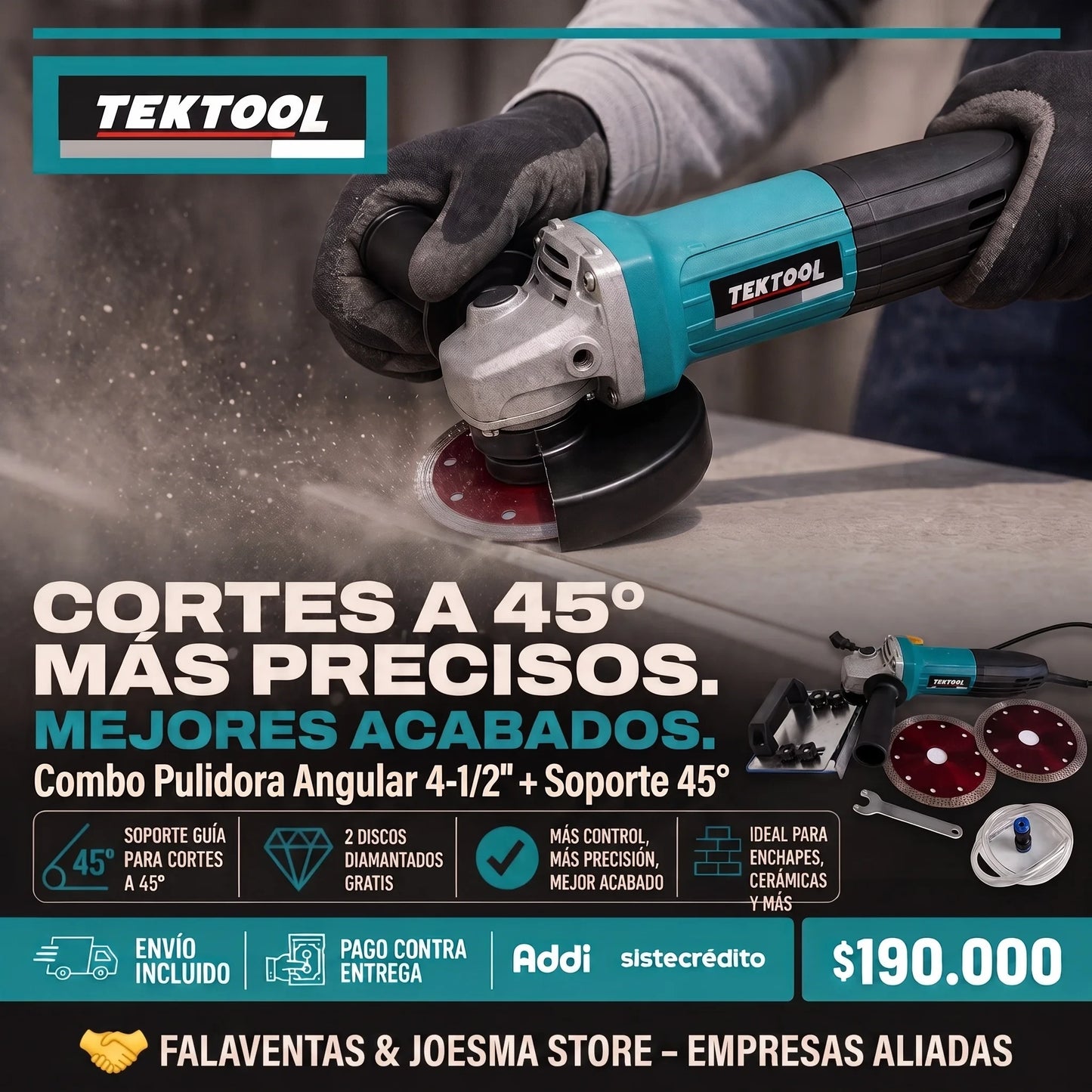 Combo Pulidora 4-1/2” + Soporte Angular 45°™ + Discos Diamantados
