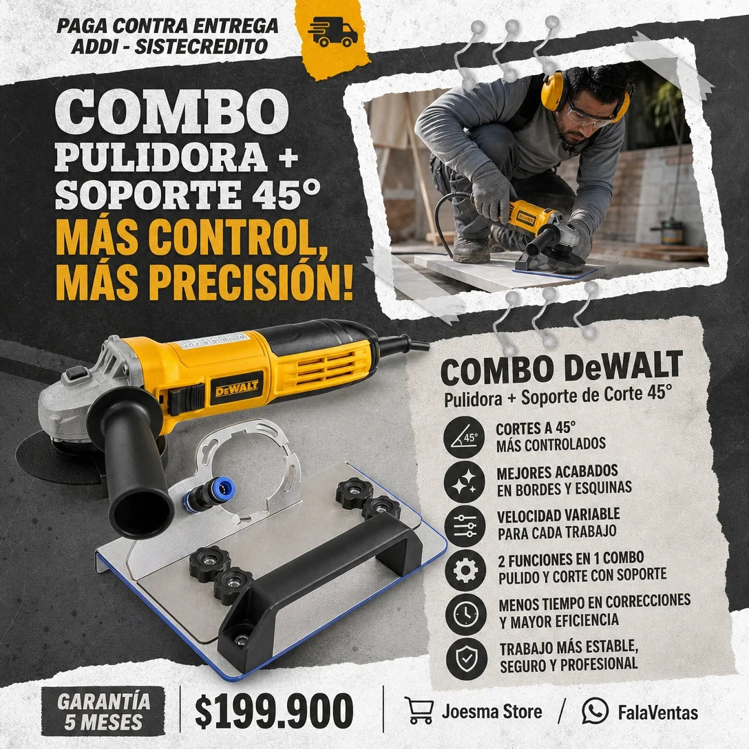 Pulidora DeWALT 4-1/2” + Soporte de Corte 45° + 2 Discos