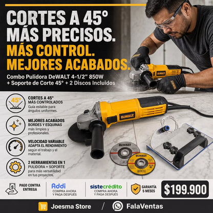 Pulidora DeWALT 4-1/2” + Soporte de Corte 45° + 2 Discos
