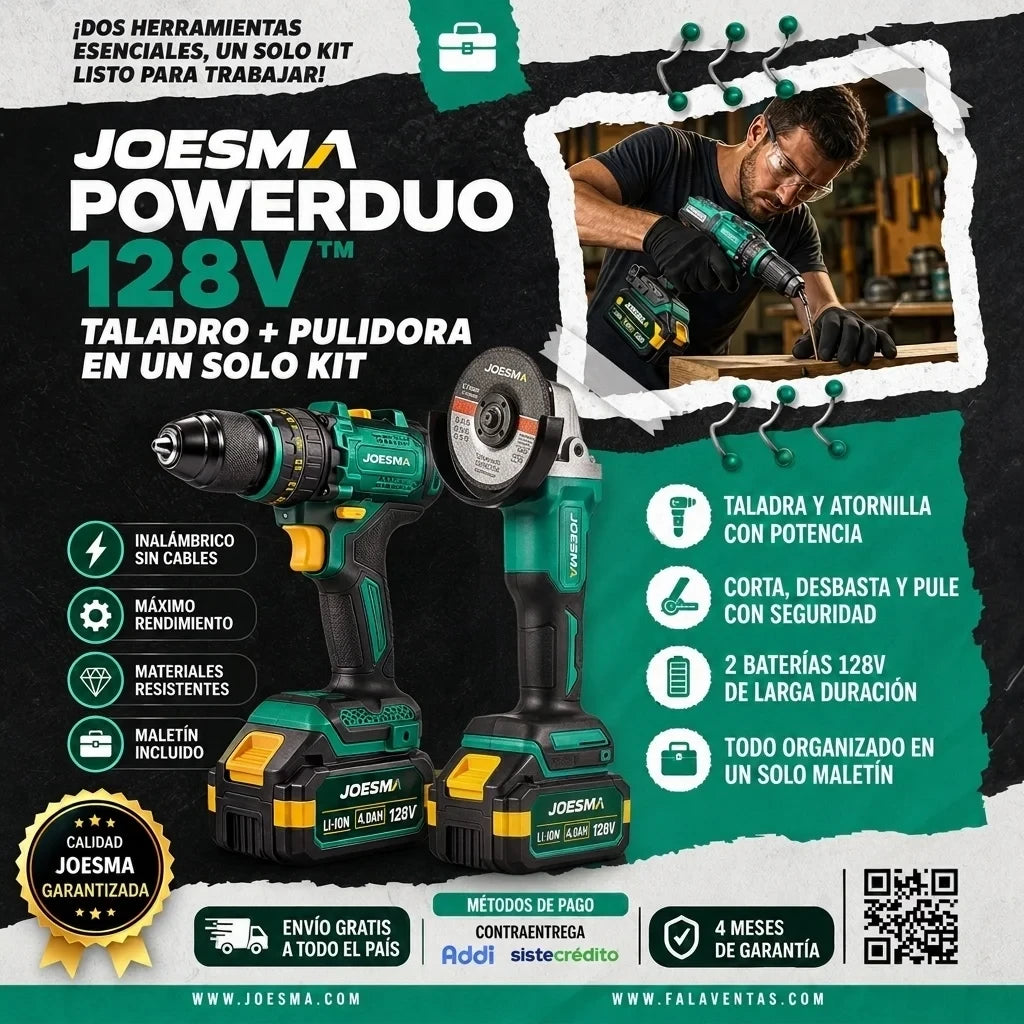 Kit Profesional de Taladro + Pulidora Inalámbrica Brushless 128v