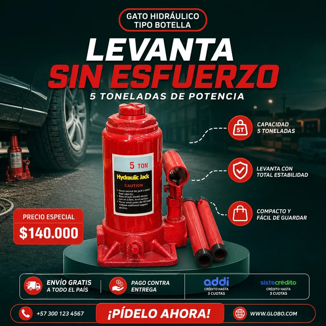 Gato Hidráulico Tipo Botella Alta Potencia (5 Toneladas)